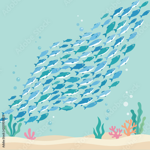 A large school of blue fish swims in the deep ocean