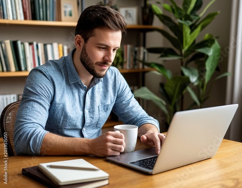 A man working from home on a laptop. Freelancing, home office