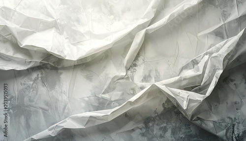 Abstract texture of crumpled white paper draped over a textured gray concrete surface