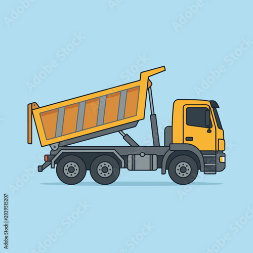Fotografija A yellow dump truck is shown in a side profile view