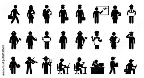 Tableau sur toile Diverse Professions Icon Set, 25 Silhouette Figures Representing Various Occupat