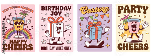 Y2K Groovy Birthday Party Poster Vector Illustration, Funky Holiday Celebration Design with Cartoon Gift Character, Happy Balloon, Smiling Cake and Retro Hippie Elements