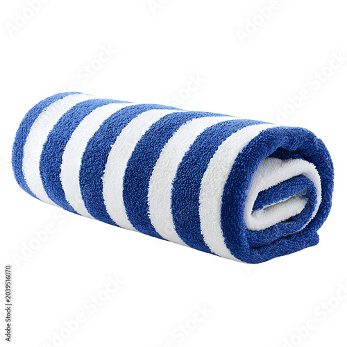 Rolled blue and white striped beach towel on plain white background
