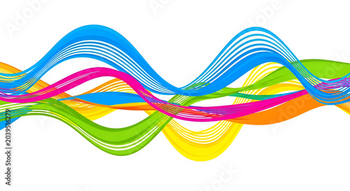 Colorful abstract wavy ribbons flowing and overlapping on white background vibrant design elements