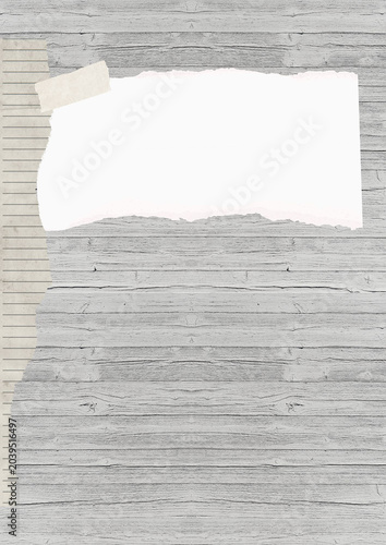 Tableau sur toile A minimalist composition featuring a blank, white, rectangular piece of paper with a rough, torn edge, affixed to a weathered gray wooden surface