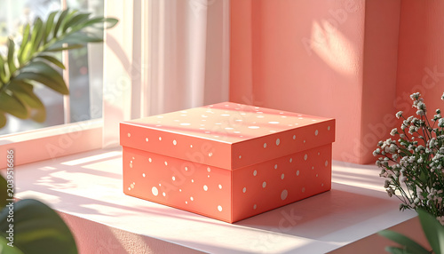 Cute coral pink gift box with white polka dots on a windowsill with sunlight and plants