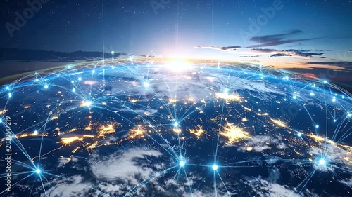 Earth Globe Visualization with Luminous Network Connections Against Night Sky Background Glowing Sunrise Horizon and Cloudscape