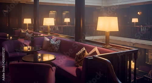 Elegant lounge interior with deep purple seating and warm ambient lighting upscale atmosphere