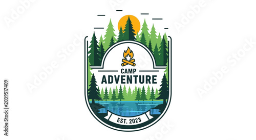 Camp Adventure Outdoor Emblem with Forest and Lake Design