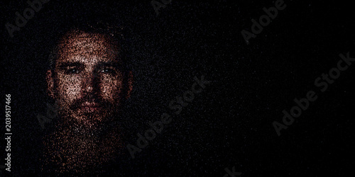 Digital ID Portrait of Man with Face made up of Code. Facial recognition Concept with copy-space.