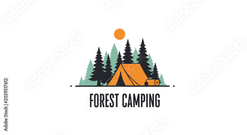 Minimalist Forest Camping Badge with Tent and Pine Trees