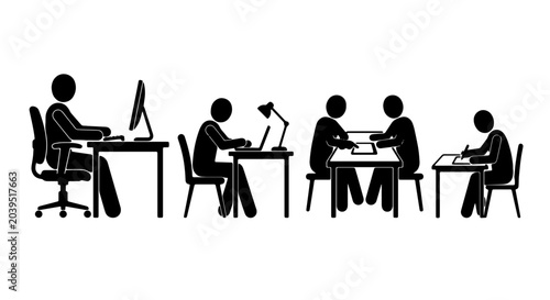 Photos Stick Figure Office Scenes, Business Meeting, Remote Work, Study Group, Vector I
