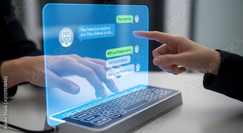 Futuristic holographic touchscreen keyboard with glowing digital chat interface and hands interacting