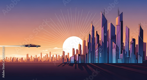 Futuristic sports car speeding through a vibrant cityscape at sunset with sharp angular skyscrapers