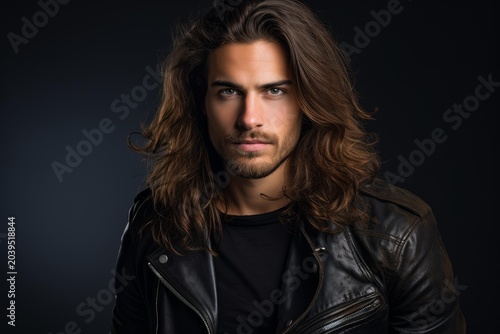Casual man with long hair, stubble, and leather jacket on a dark background
