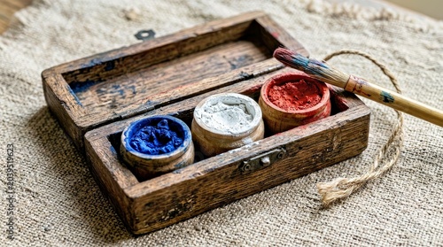 Three Vintage Paint Pots in a Rustic Wooden Box With Brush