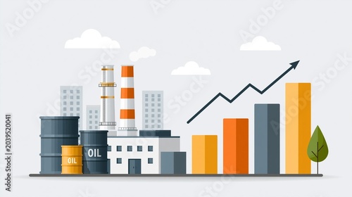 global energy market illustration featuring oil barrels refinery towers and financial growth analytics