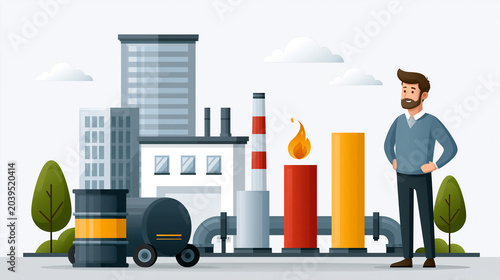 industrial energy sector illustration with barrels pipelines and economic recovery theme