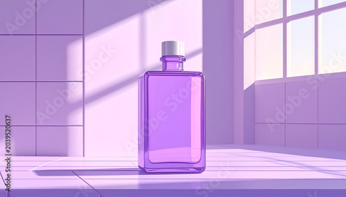 Minimalist purple glass bottle with white cap on clean surface soft window light and shadows