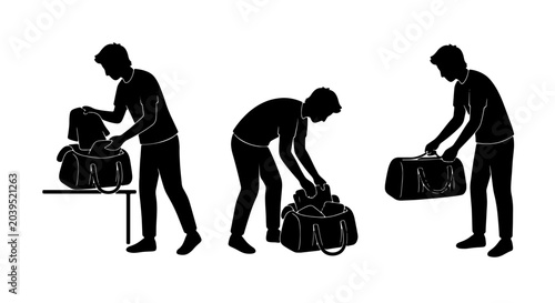 Φωτογραφία Packing Luggage Vector Icons: Person Preparing Travel Bag, Silhouette Collection