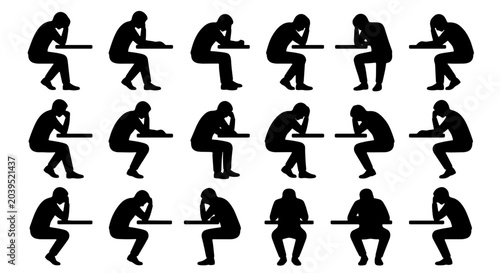 Fotografía Silhouette Figures Studying, Thinking, and Concentrating at Desks, Vector Set fo