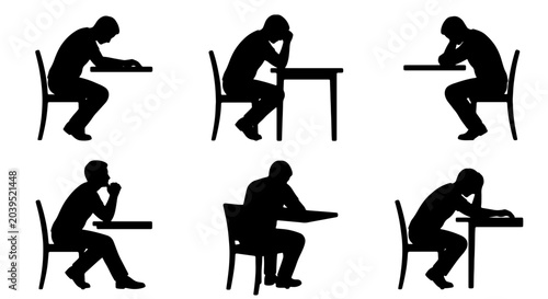 Quadro su tela Silhouette Figures Studying at Desks, Pensive Student Poses, Vector Set for Educ