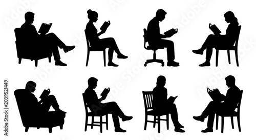 Canvastavla Diverse Silhouettes of People Reading Books on Chairs and Sofas, Vector Collecti