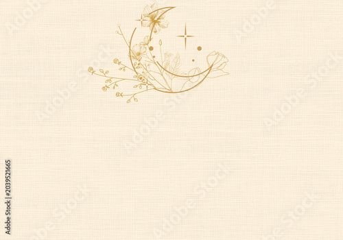 Bild auf Leinwand Ilustración minimalista de luna creciente celestial con flores silvestres y estrellas en line art dorado sobre fondo de papel crema texturizado