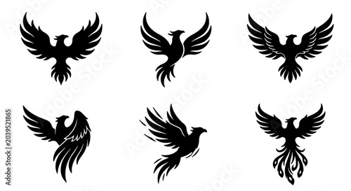 Billede på lærred Mythical Phoenix Vector Icons, Fiery Bird Silhouettes for Rebirth and Resilience