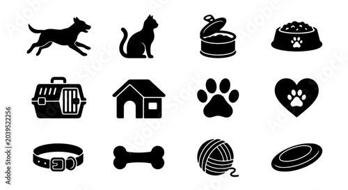 фотографія Pet Care Icons Set: Dog, Cat, Food Bowl, Carrier, Bone, Collar, Paw Print, Heart