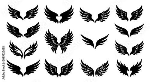 Obraz na płótnie Diverse Angel Wings Vector Collection, Black Feathered Wing Icons, Heraldic Symb