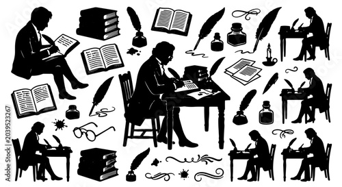 Bild auf Leinwand Vintage Writing Set, Silhouette Figures of Authors, Calligraphy Tools, Inkwells,
