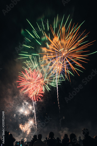 Obraz na płótnie Explosion de feux d'artifice dorés au-dessus des spectateurs, fête nationale, Li