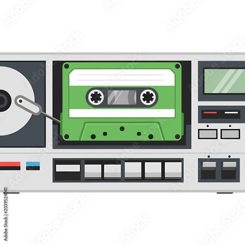 A vintage audio cassette player with a green tape inside it