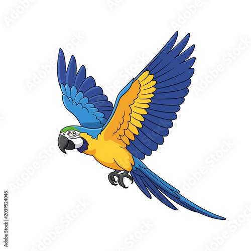 A colorful tropical parrot flying through the clear white sky
