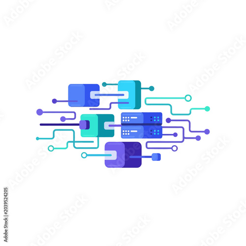 A digital illustration showing interconnected server nodes and data network pathways