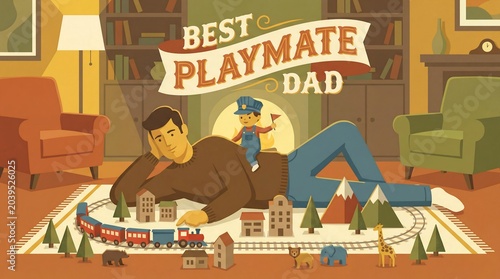 Happy father and son playing with train set on living room floor