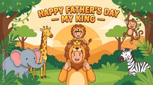 Happy Father's Day My King Cartoon Jungle Animals Family Illustration