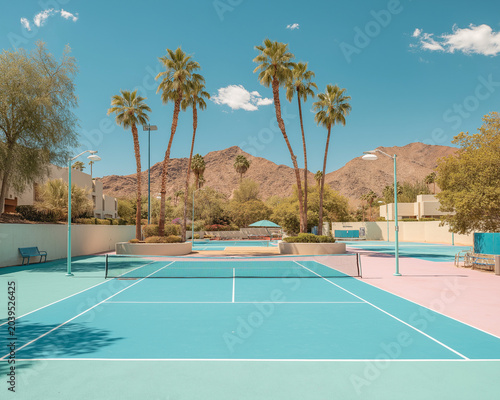 Symmetrical ground level shot of a turquoise and yellow tennis court with a net, palm trees, and turquoise buildings against a mountain backdrop