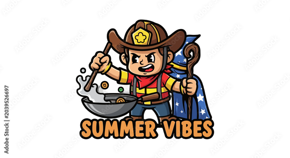 Fototapeta premium Cartoon Cowboy Character Holding Summer Vibes Sign.