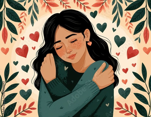 A woman hugs herself by the shoulders. Self-care.
