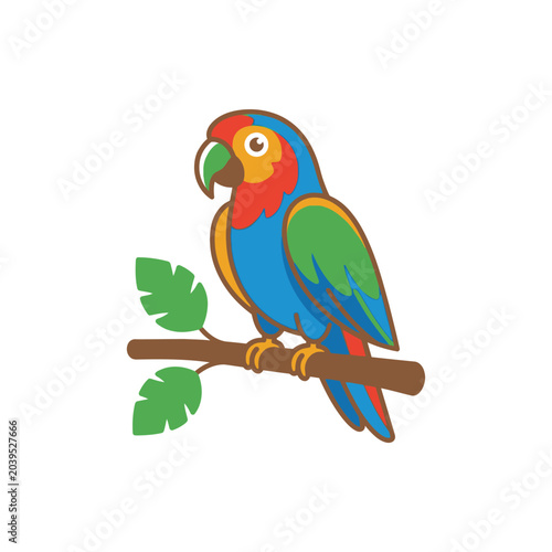 Vibrant tropical parrot bird illustration on a wooden branch.