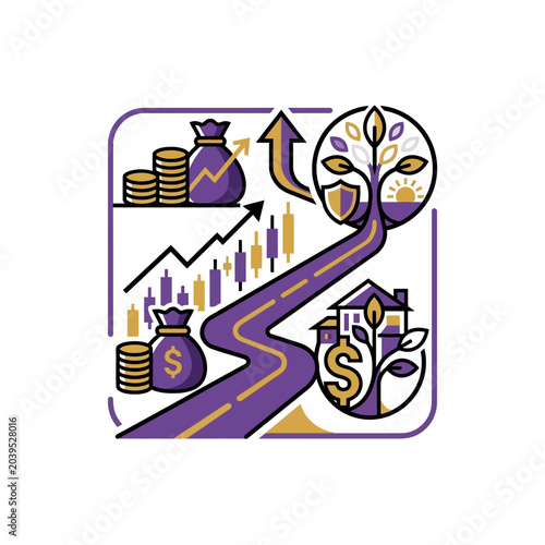 Wealth growth tree symbol with money and rising path.