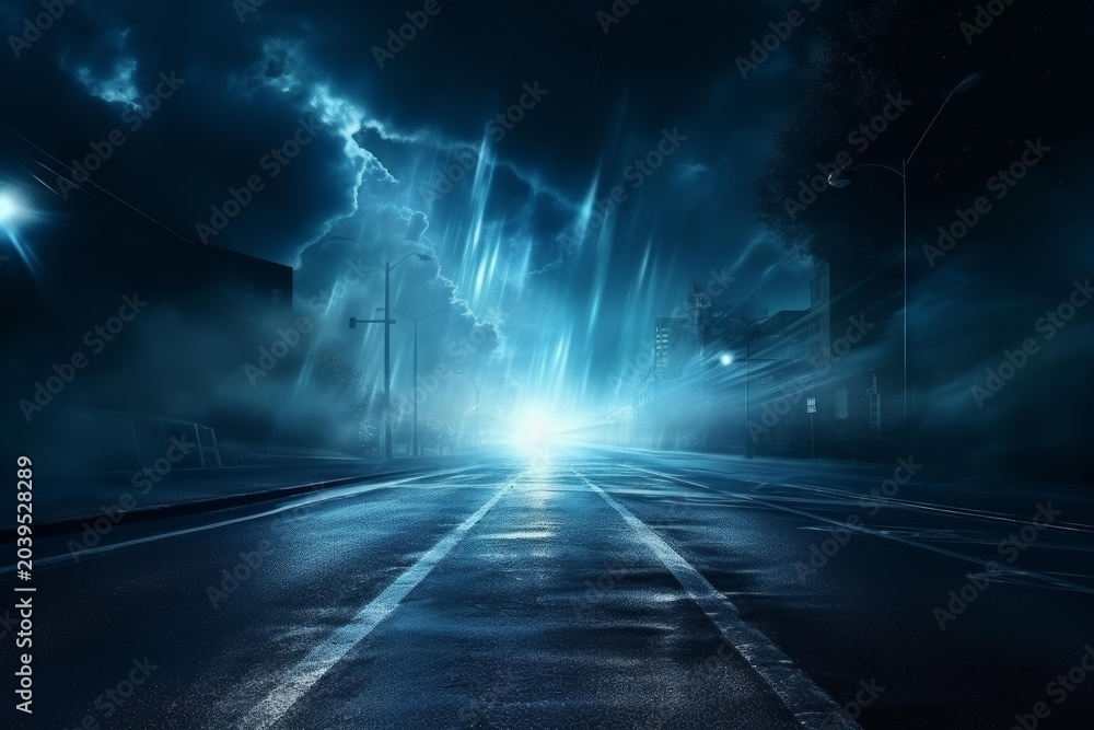 Obraz premium Empty street appearing in a mystical urban environment with vivid blue light rays