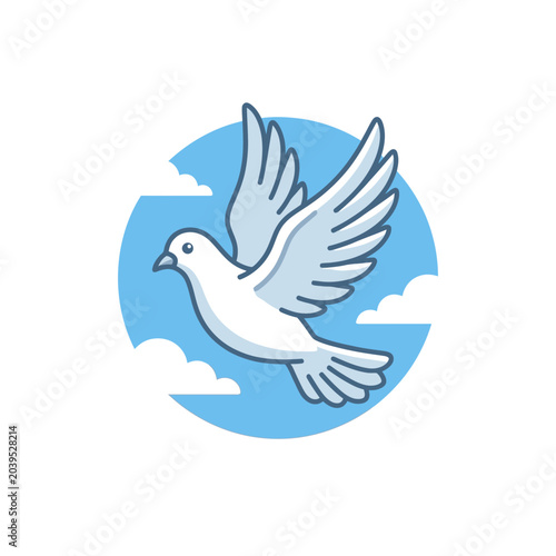 White dove flying in a blue sky with clouds.