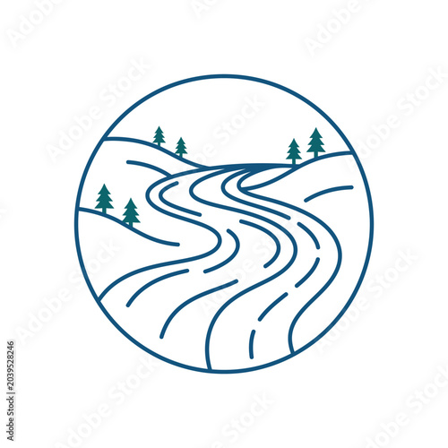 Winding river landscape line art in a circle.
