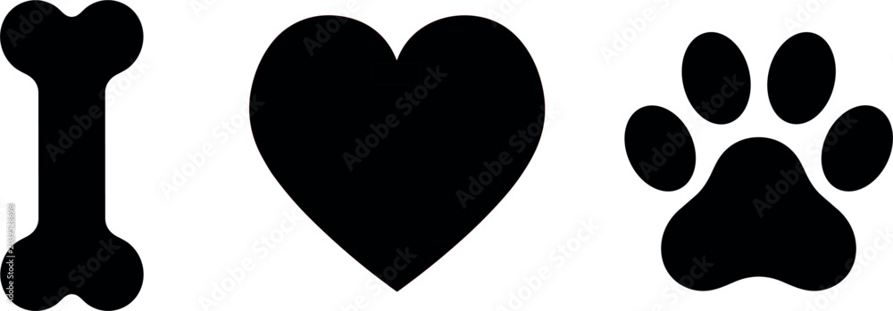 Fototapeta premium Dog Love Icon Set with Bone Heart and Paw Symbols Solid Minimal Pet Care Graphic Elements for Animal Lovers Vector Collection