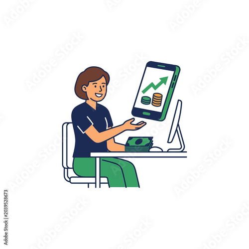 Woman managing investments using smartphone app and laptop.