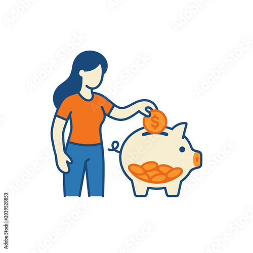 Woman saving money by putting coin in piggy bank.