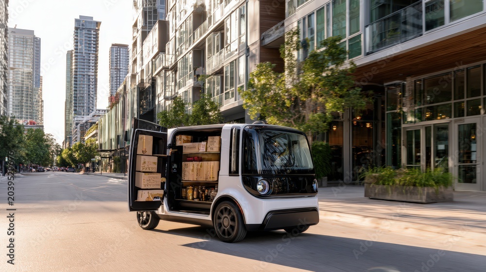 Obraz premium Autonomous electric cargo van delivering goods in urban district, focusing on future logistics and smart city transport